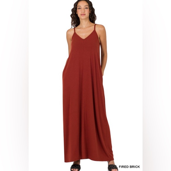 V-Neck Cami Maxi Dress with Side Pockets - Picture 1 of 2